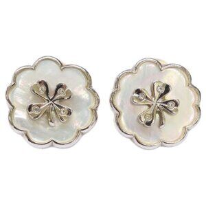 Chanel Rhinestone White Shell Clover Flower Motif Earrings